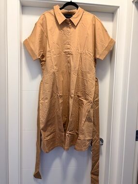 Short-Sleeve Tan Shirt Midi Dress with Tie Waist